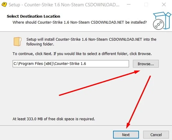 CS 1.6 installation folder selection screen